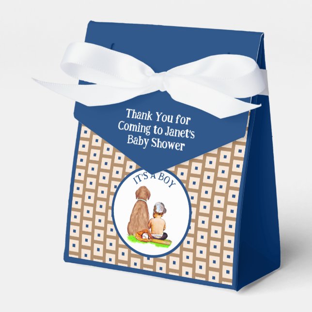 Baby Boy and Dog Baseball Themed Baby Shower Favour Box (Front Side)