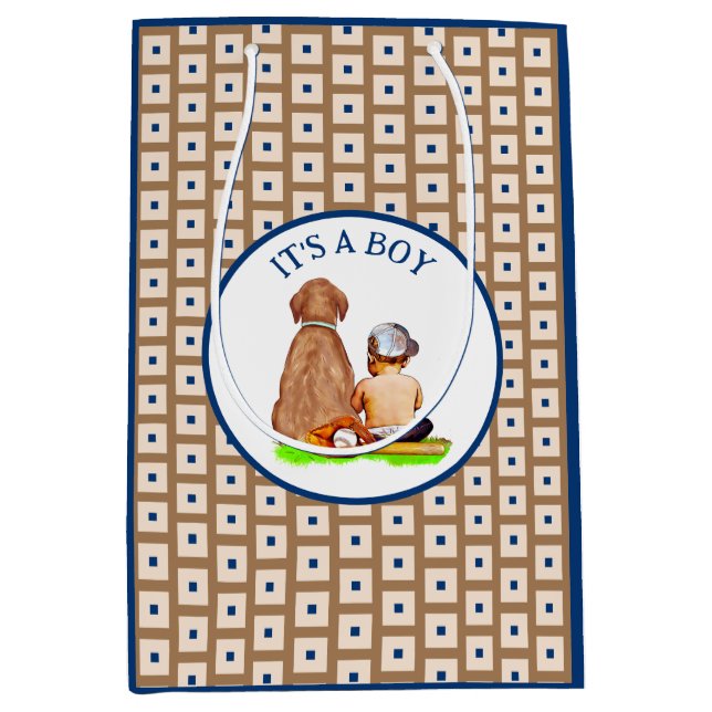 Baby Boy and Dog Baseball Themed Baby Shower Medium Gift Bag (Front)