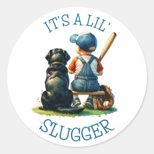 Baby Boy and Dog   Lil Slugger   Baby Shower Classic Round Sticker