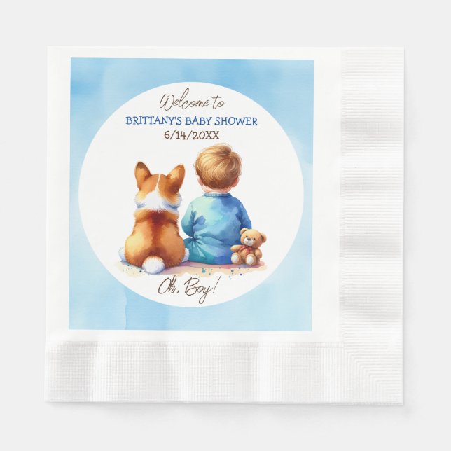 Baby Boy and his Corgi Puppy Baby Shower Napkin (Front)