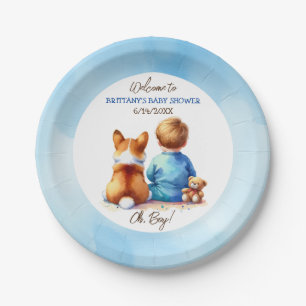 Baby Boy and his Corgi Puppy Baby Shower Paper Plate