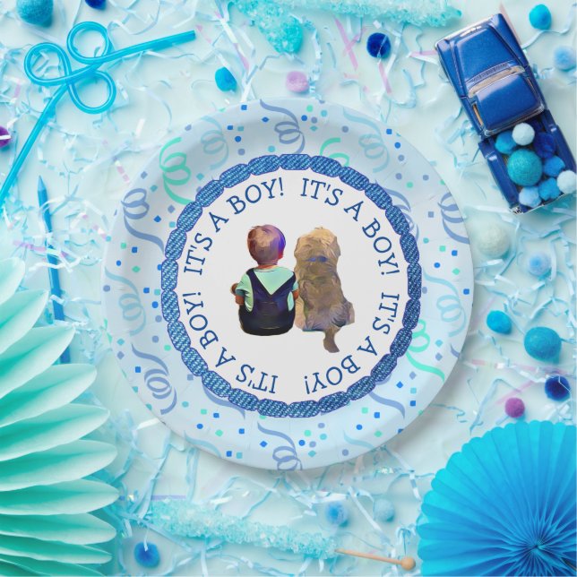 Baby Boy and His Dog Its a Boy Baby Shower Paper Plate (Party)