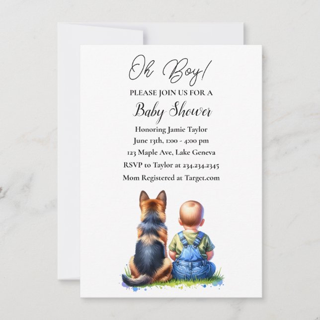 Baby Boy and His German Shepherd Puppy Baby Shower Invitation (Front)