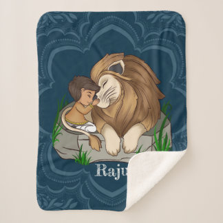 Baby boy and lion on a blue mandala background sherpa blanket