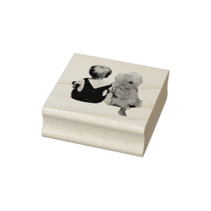 Baby Boy and Puppy Dog Sitting next to Each other Rubber Stamp