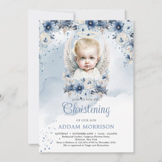 Baby boy angel and dusty blue floral wreath invitation (Front)