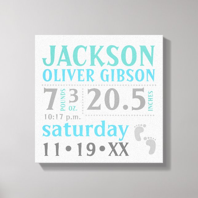 Baby boy Announcement, blue, green, grey Canvas Print (Front)