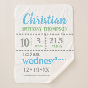 Baby Boy Announcement, blue, green, Grey, prints Sherpa Blanket