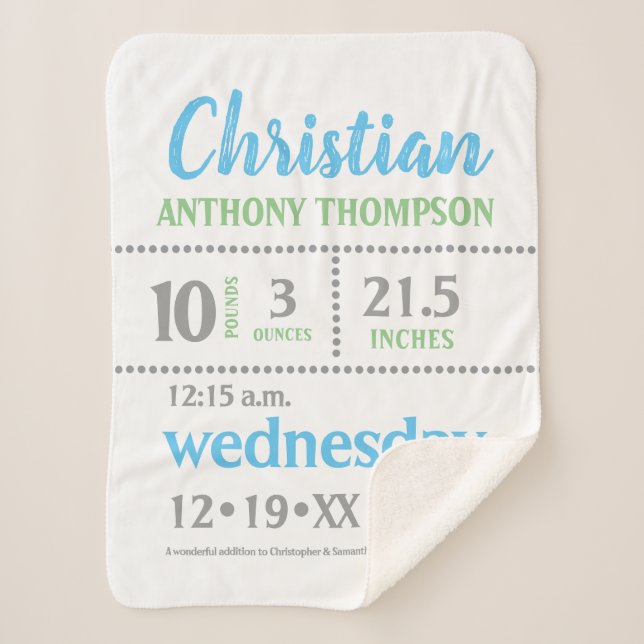Baby Boy Announcement, blue, green, Grey, prints Sherpa Blanket (Front)