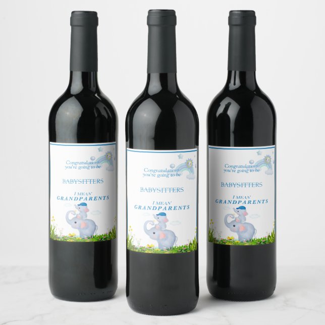 Baby Boy Announcement Elephants Rainbow Sun Wine Label (Bottles)