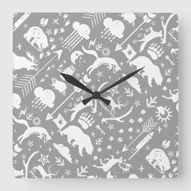Baby Boy Any Colour Modern Fox  Woodland Pattern Square Wall Clock (Front)