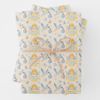Baby Boy Arrival Angel Stork Announcement  Wrapping Paper Sheet
