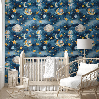 Baby Boy Astronaut Exploring Space Pattern Wallpaper