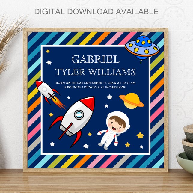 Baby Boy Astronaut Outer Space Rocket Birth Stats Poster (Creator Uploaded)