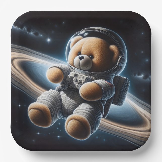 Baby Boy Astronaut Teddy Bear Paper Plate (Front)