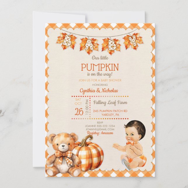 Baby Boy Autumn Plaid Teddy Bear Pumpkin Leaves Invitation (Front)