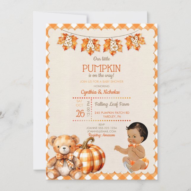 Baby Boy Autumn Plaid Teddy Bear Pumpkin Leaves Invitation (Front)
