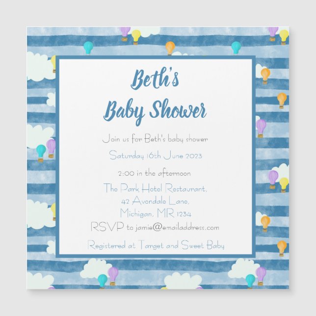 Baby boy baby shower, blue, hot air balloon magnetic invitation (Front)