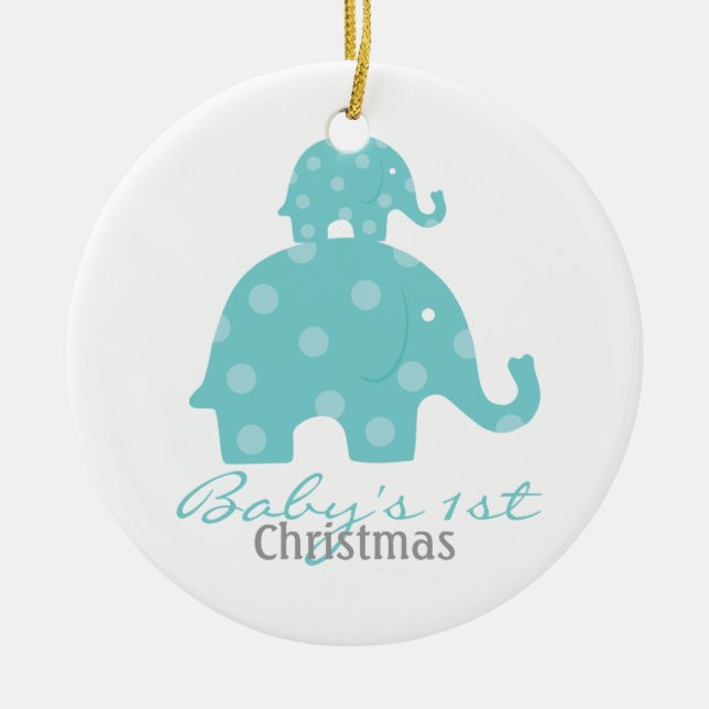 Baby boy baby's first christmas - elephants ceramic tree decoration (Front)