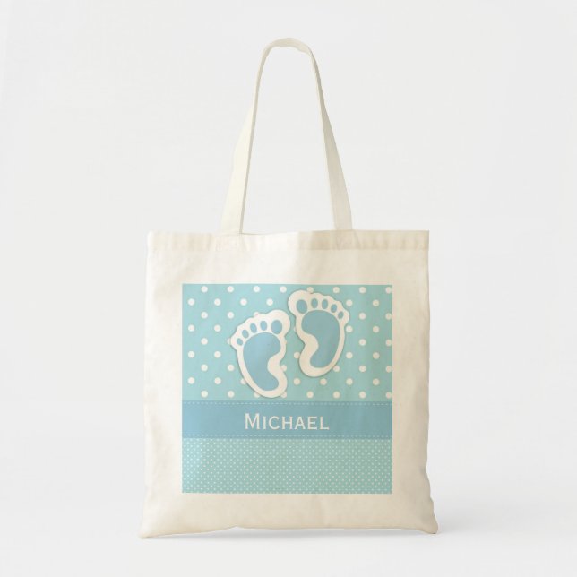 Baby Boy Bag Blue Polka Dot Footprint & Name (Front)