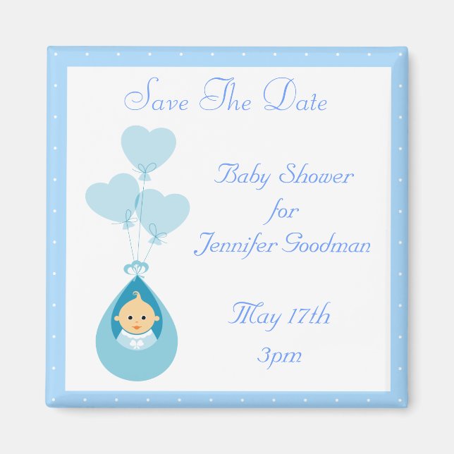 Baby Boy & Balloons Blue Save The Date Baby Shower Magnet (Front)