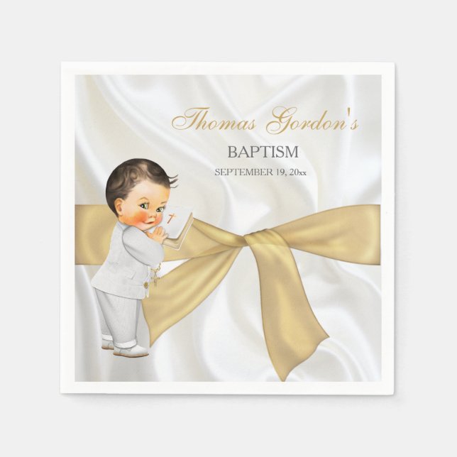 Baby Boy Baptism Christening Gold Bow Napkin (Front)