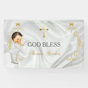 Baby Boy Baptism Christening Gold Cross Banner