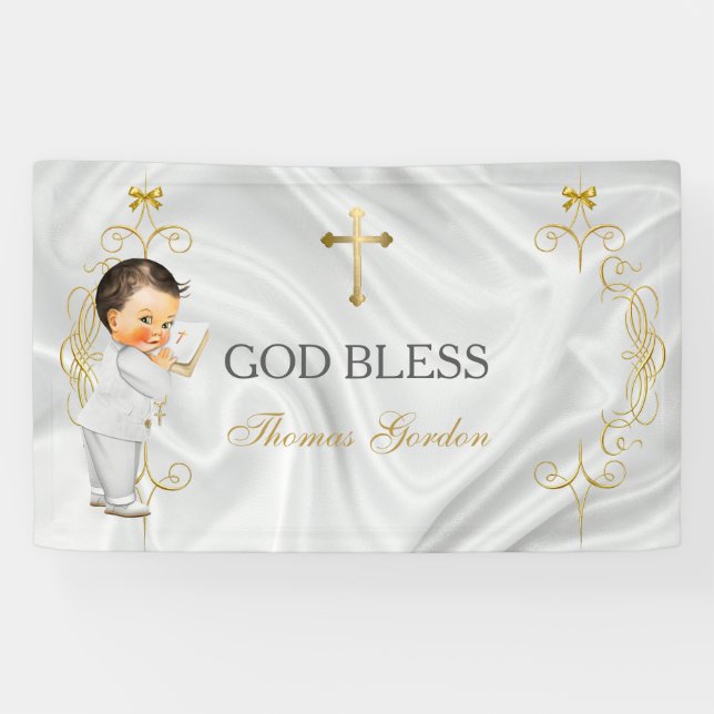 Baby Boy Baptism Christening Gold Cross Banner (Horizontal)