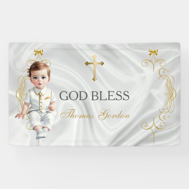 Baby Boy Baptism Christening Gold Cross Banner (Horizontal)