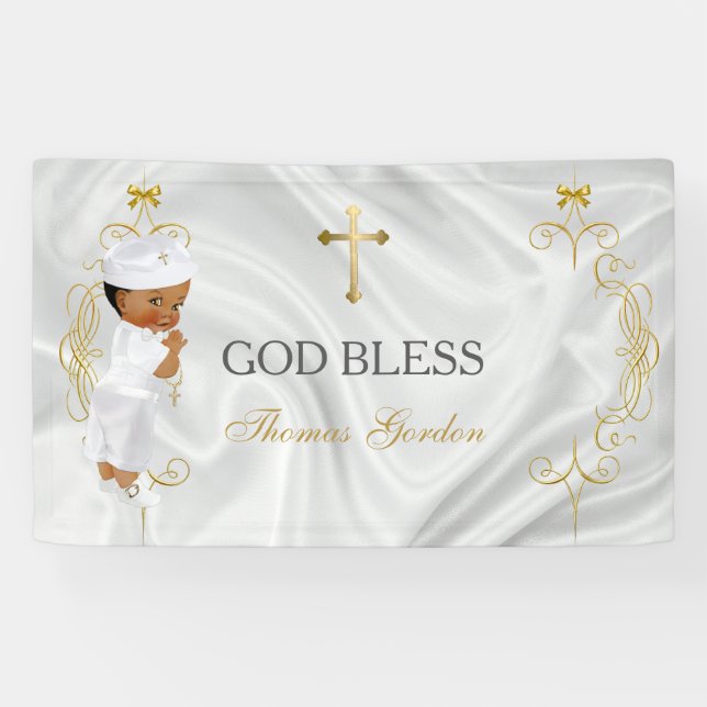 Baby Boy Baptism Christening Gold Cross Banner (Horizontal)