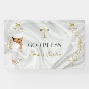 Baby Boy Baptism Christening Gold Cross Banner