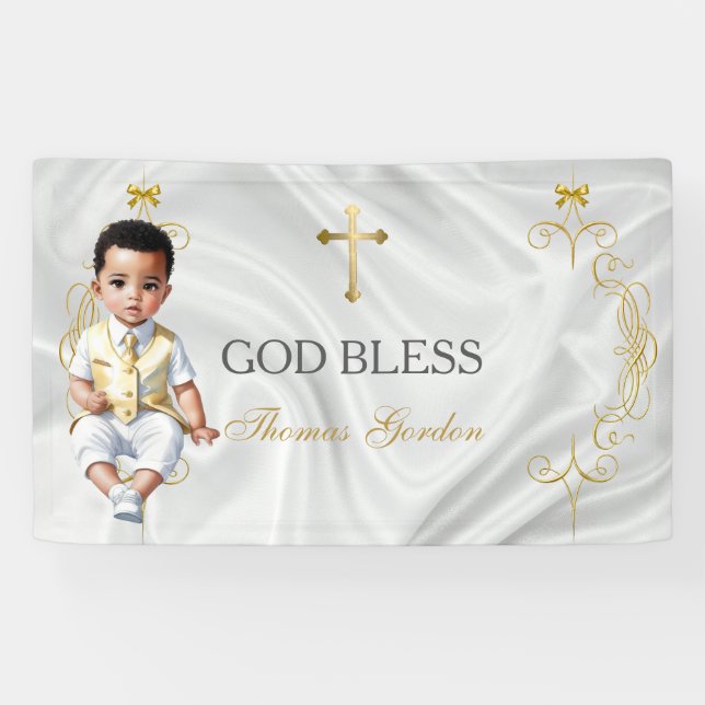 Baby Boy Baptism Christening Gold Cross Banner (Horizontal)