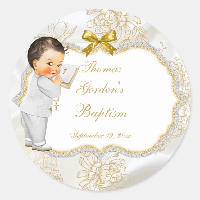 Baby Boy Baptism Christening Gold Cross Classic Round Sticker (Front)