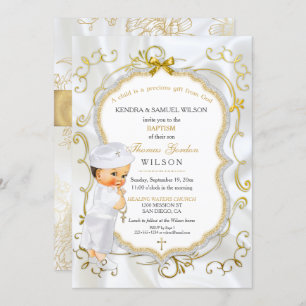 Baby Boy Baptism Christening Gold Cross Glitter Invitation