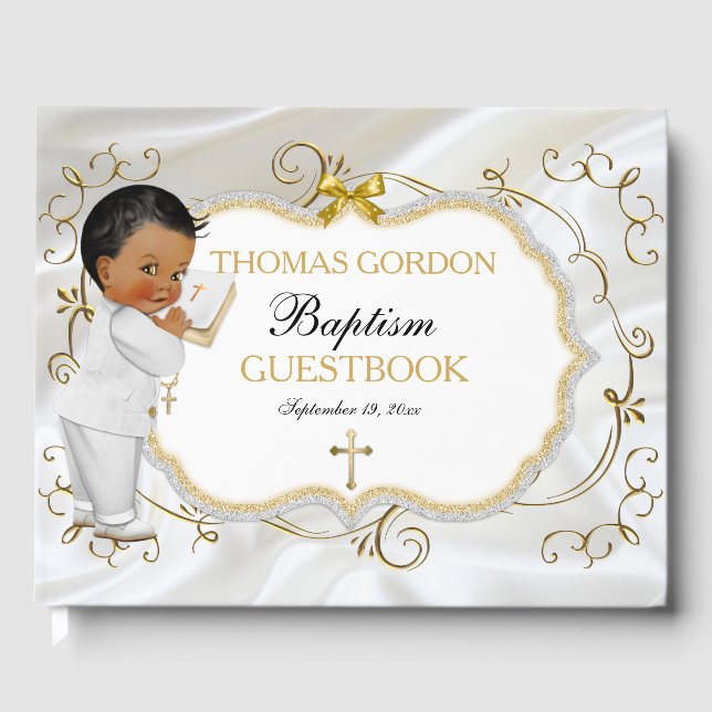Baby Boy Baptism Christening Gold Cross Guest Book (Front)