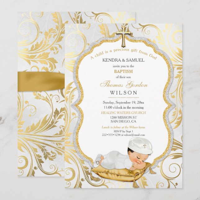 Baby Boy Baptism Christening Gold Cross Invitation (Front/Back)