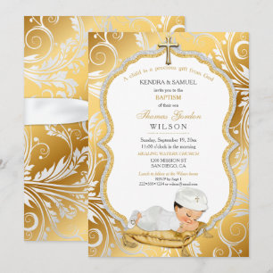 Baby Boy Baptism Christening Gold Cross Invitation