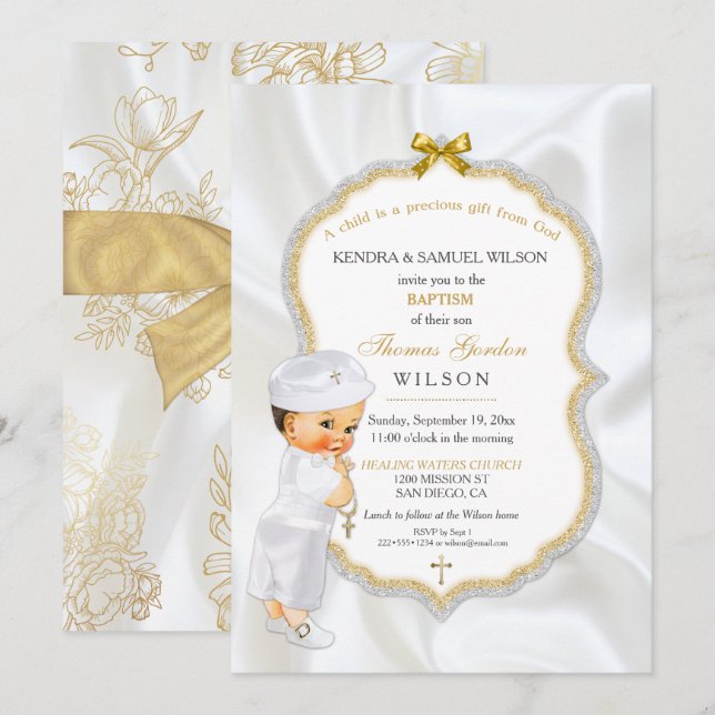 Baby Boy Baptism Christening Gold Cross Invitation (Front/Back)