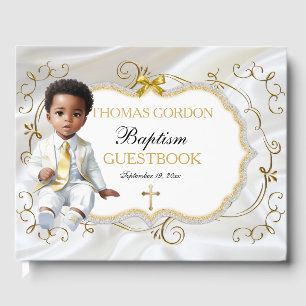 Baby Boy Baptism Christening White & Gold Cross Guest Book