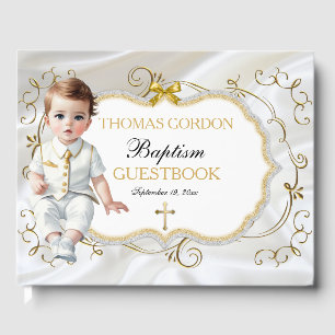 Baby Boy Baptism Christening White & Gold Cross Guest Book
