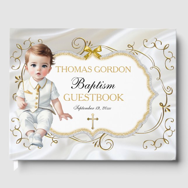 Baby Boy Baptism Christening White & Gold Cross Guest Book (Front)