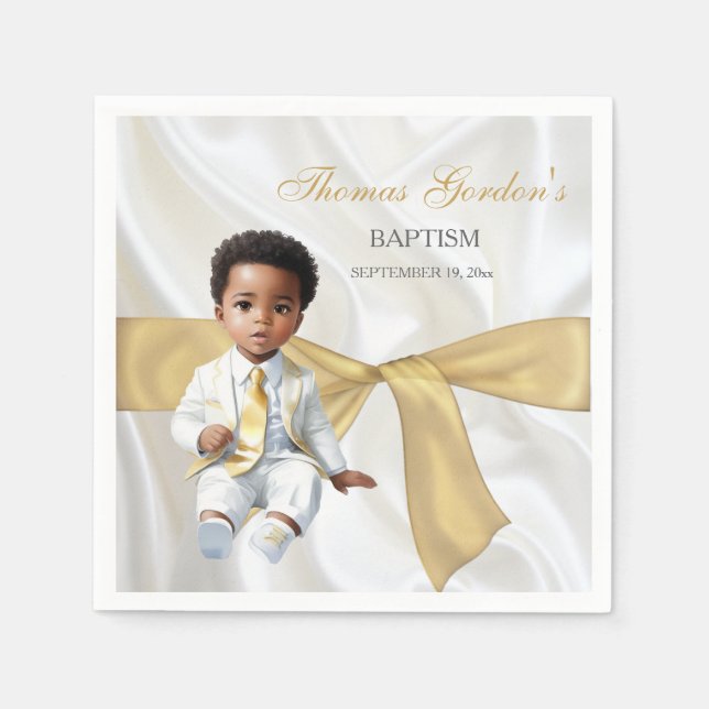 Baby Boy Baptism Christening White & Gold Napkin (Front)