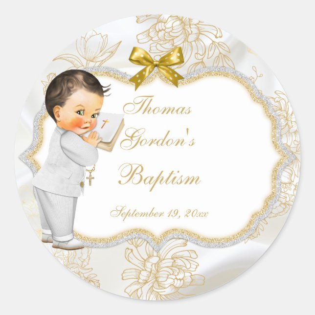 Baby Boy Baptism Communion Bible Cross Classic Round Sticker (Front)