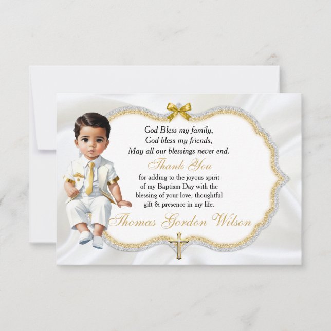 Baby Boy Baptism Communion Thank You Gold Cross Card (Front)