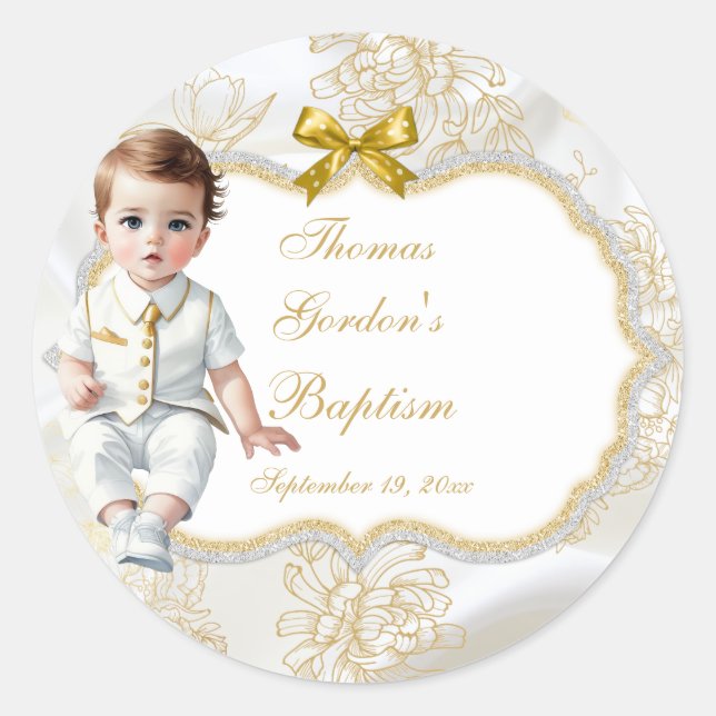 Baby Boy Baptism Communion White & Gold Classic Round Sticker (Front)