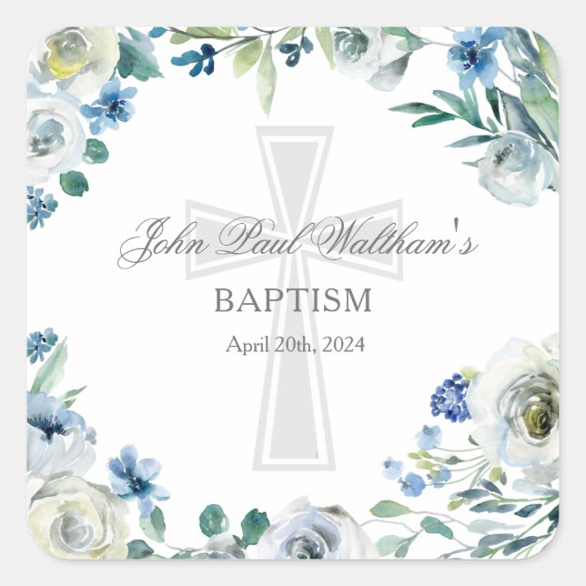 Baby Boy Baptism Cute Blue Floral Religious Cross Square Sticker (Front)