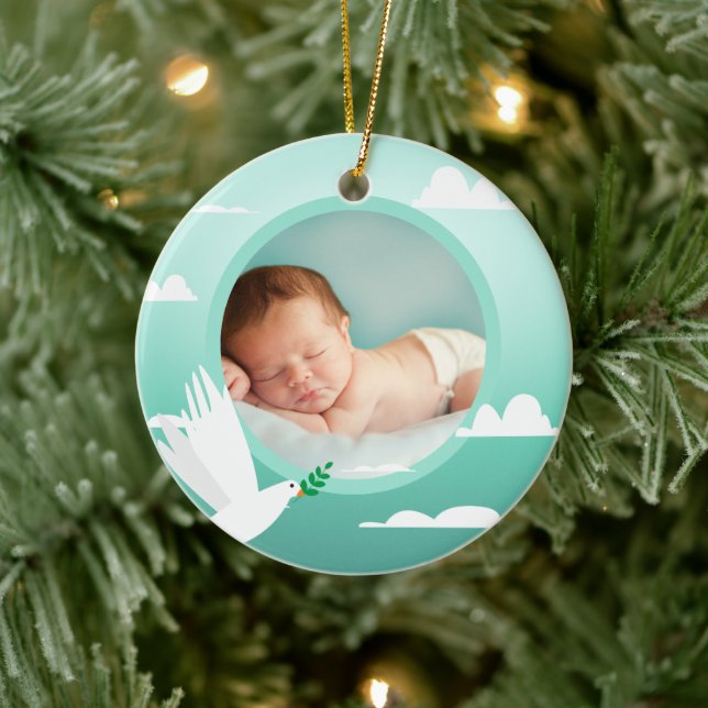 Baby Boy Baptism Dove Clouds Photo Frame Ceramic Tree Decoration (Tree)