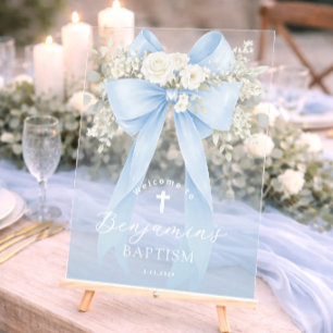 Baby Boy Baptism Elegant Blue Eucalyptus Bow Acrylic Sign