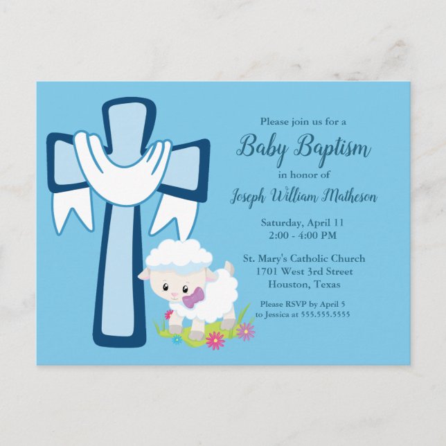 Baby Boy Baptism Little Lamb Cute Invitation Postcard (Front)