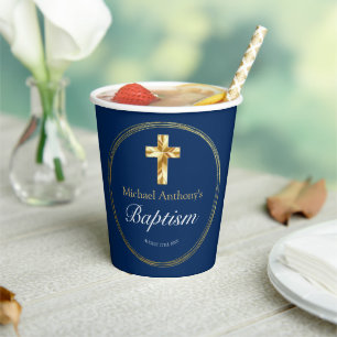 Baby Boy Baptism Navy Blue Gold Cross Paper Cups